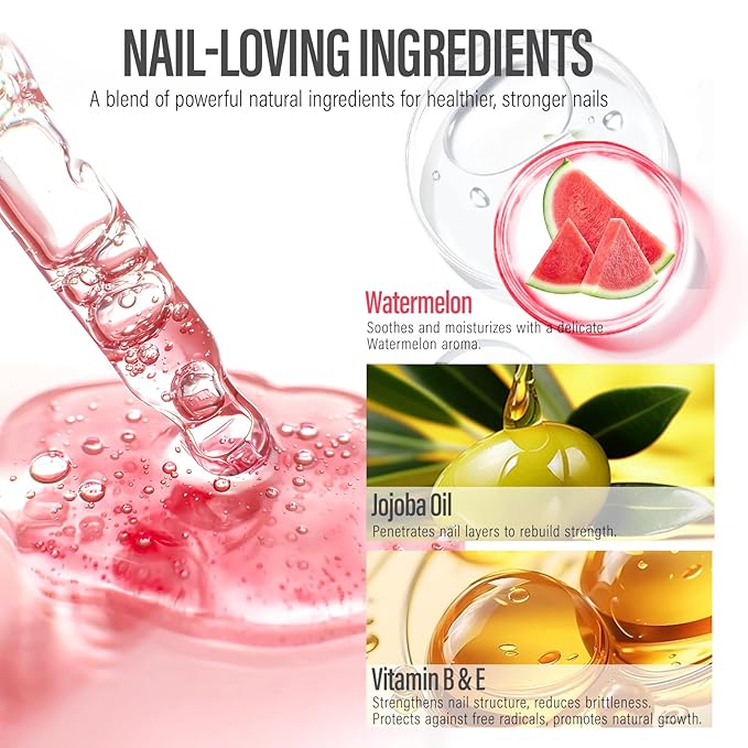 CHUCHU Vegan Cuticle Oil for Nails: Watermelon Jojoba Nail Cuticle Oil with Vitamin B & E for Moisturizes Cuticle and Nail's Skin - Prevents Hangnails and Chapped 15ML