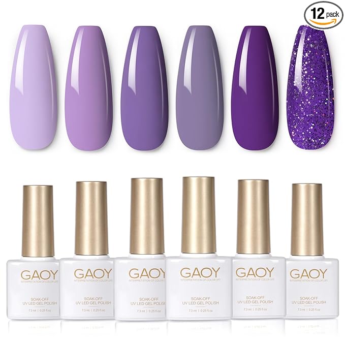 GAOY Purple Gel Nail Polish Set, 6 Colors Glitter Spakle Soak Off UV Light Cure Gel Polish Kit for Salon and Nail Art DIY at Home