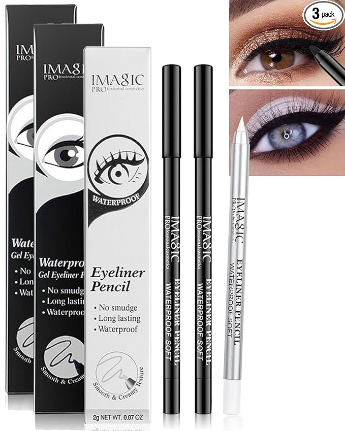 Black & White Waterproof Gel Eyeliner Pens, White Highlighter Eye Liner Pencil, Matte Long Lasting Super Smooth formula Eye Liner Eyeshadow Makeup Pencil, Gift Set for Women(3Pcs)