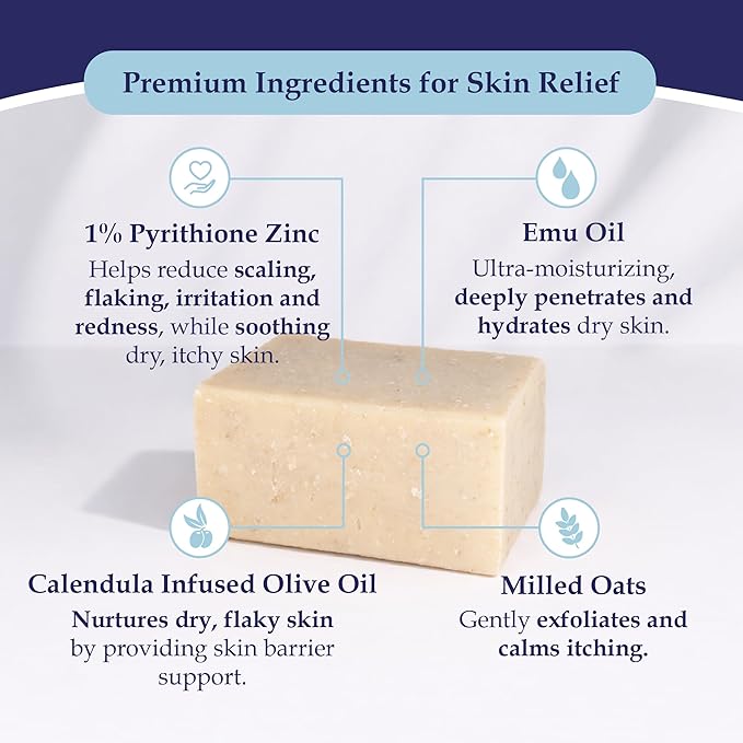 Noble Formula 1% Pyrithione Zinc Soap Bar with Emu Oil – Face, Body and Scalp Gentle Cleanser for Dry, Flaky and Itchy Skin, Sensitive Skin Formula, No Palm Oil, Handmade in the USA – 3.25 oz