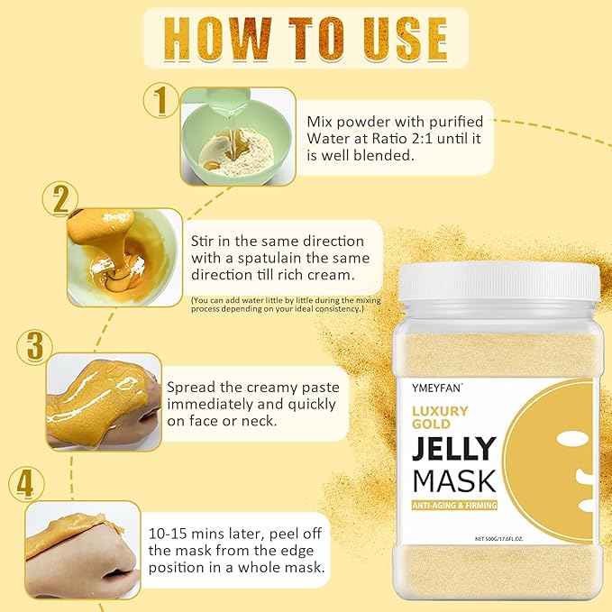 YMEYFAN Jelly Mask Powder for Facial Professional - 24K Gold Anti-Aging & Firming Jelly Mask, Hydrating Jelly Face Mask Skin Care, Gel Peel Off Mask for Spa Salon Vajacial Mask 17.6Fl Oz