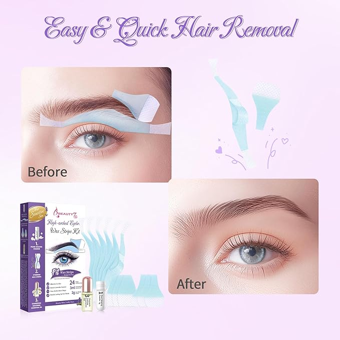 Beauty7 Sensitive High Arched Eyebrow Wax Strips, Eyebrow Waxing Strip 24 Strips with Pearl Powder Essential Oil for Sensitive Skin for Women