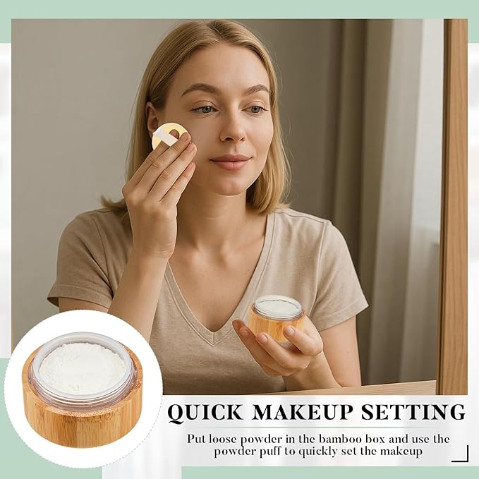Frienda 10 ml Bamboo Loose Powder Puff and Container Empty Dusting Powder Jar for Body Face Makeup Travel Box Compact Case Holder with Sifter Lids and Puff