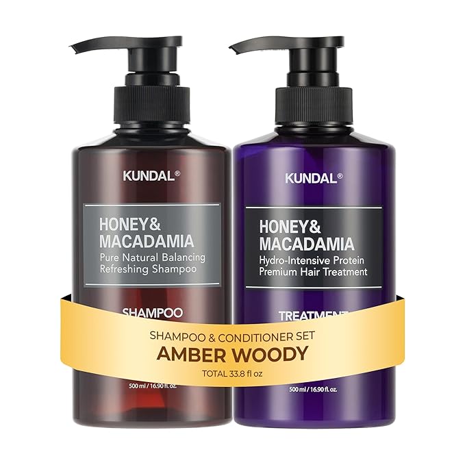 KUNDAL Korean Shampoo and Conditioner Set [Amber Woody] Salon-quality, Long Lasting Scent, Moisturizing, Sulfate-Free, Argan & Macadamia Oil, Korean Hair care, 16.9 fl oz each