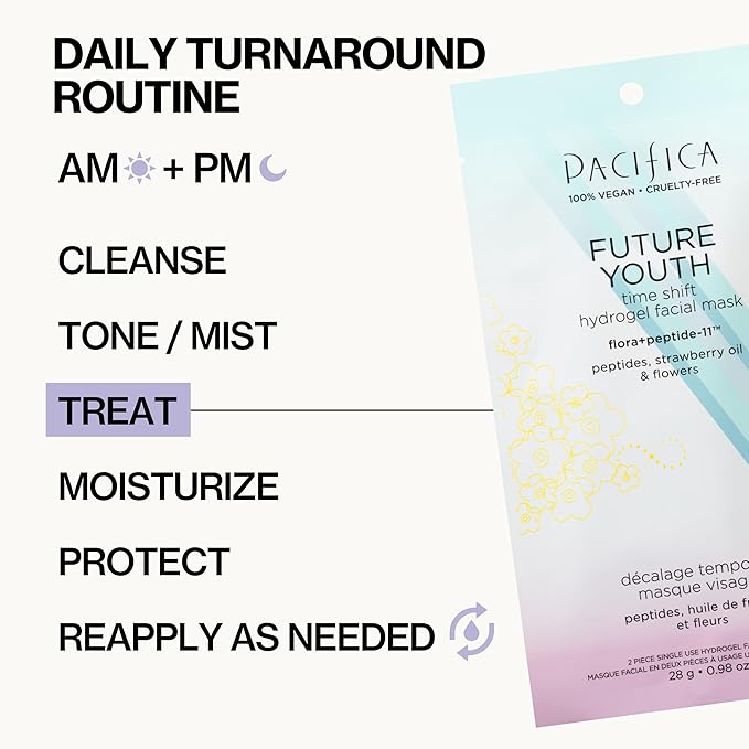 Pacifica Future Youth Time Shift Hydrogel Facial Mask, Multi-Peptide Anti-Aging Sheet Mask for Firming & Plumping, Ultra-Hydrating Serum-Infused Mask for Face & Neck, 100% Vegan