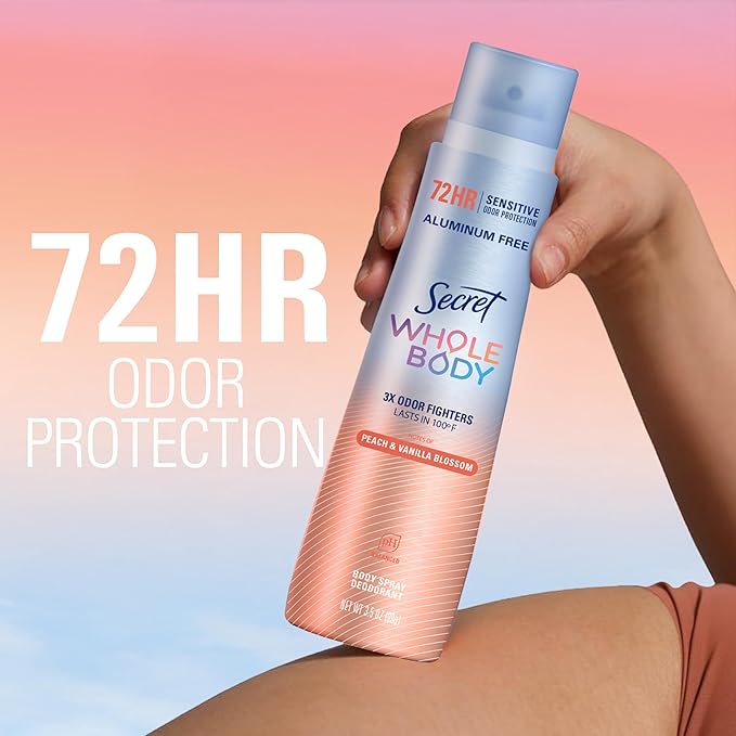 Secret Aluminum Free Whole Body Deodorant Spray for Women, 72hr Sensitive Freshness & Odor Defense, PH Balanced, Invisible Protection, Safe to Use Everywhere, Peach & Vanilla Blossom Scent, 3.5 oz