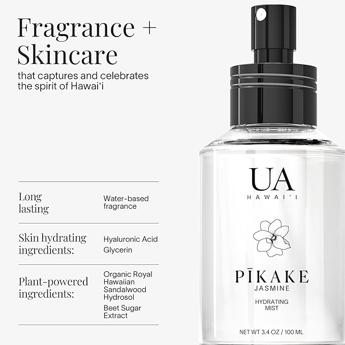 Pikake Body and Hair Mist from Hawaii, Hair Perfume for a Light, Hydrating Refresh, Body Mist for Women and Men, Alcohol-Free, With Moisturizing Hyaluronic Acid & Glycerin, Glass Bottle, 3.4 oz