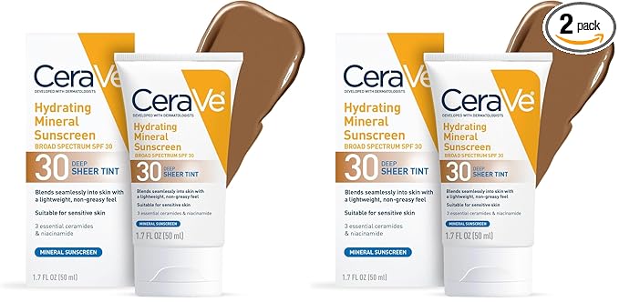 CeraVe Hydrating Mineral Sunscreen SPF 30 with Sheer Tint,Tinted Mineral Sunscreen with Zinc Oxide & Titanium Dioxide,Blends Seamlessly For Healthy Glow,Deep,1.7 Oz,(Pack of 2)