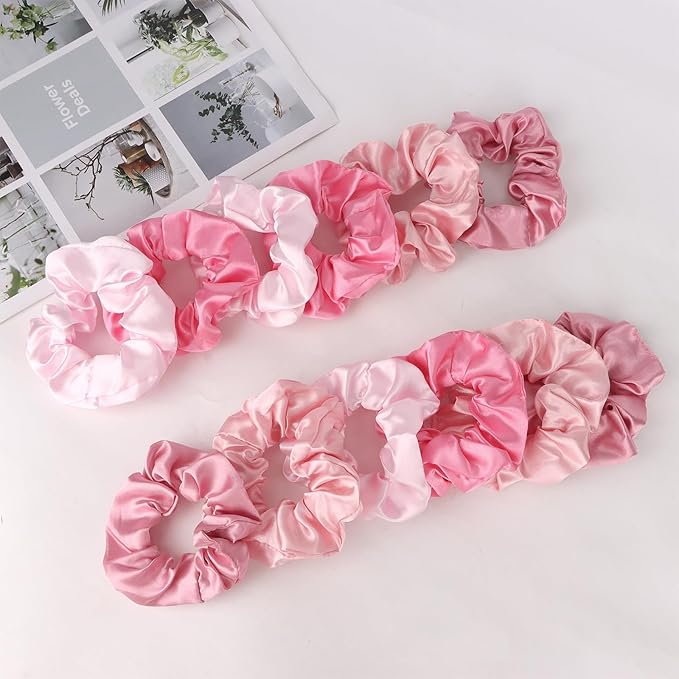 Silk Satin Scrunchies for Women Girls 12 PCS Multi-Pink-Colored Hair Scrunchies Silk Satin Hair Ties for Thick Hair Bulk Hair Ties Hair Accessories