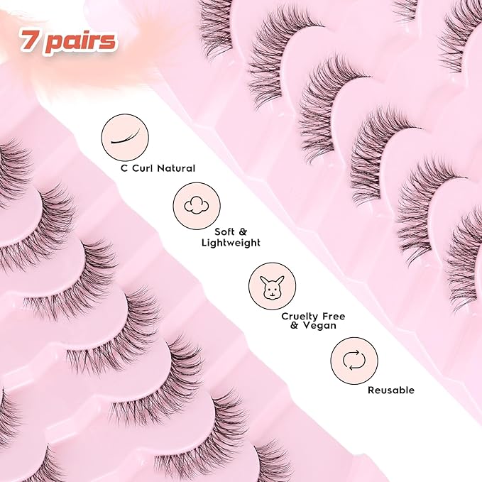 Lashes Natural False Eyelashes Wispy 13mm Eye Lashes Pack C Curl Fake Eyelashes 3D Volume Lash Strips with Thin Band Natural Eyelash For Daily Siligli 7 Pair