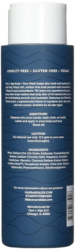 Oars + Alps Body Wash for Men, Mens Body Wash & Face Cleanser with Vitamin E & Antioxidants, Moisturizing, Paraben & Sulfate Free Cleanser, Mandarin Woods, 1pk