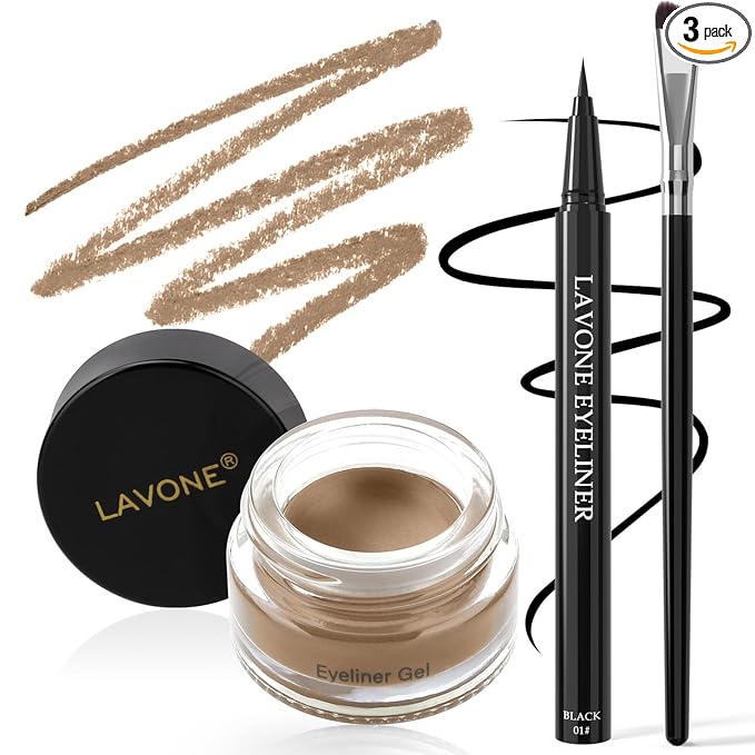 LAVONE Eyeliner Set - Waterproof Makeup Kit with Liquid eyeliner Pencil, Gel Eyeliner & Angled Eye liner Brush, Waterproof, Smudge Resistant, Long Lasting Formula - Taupe