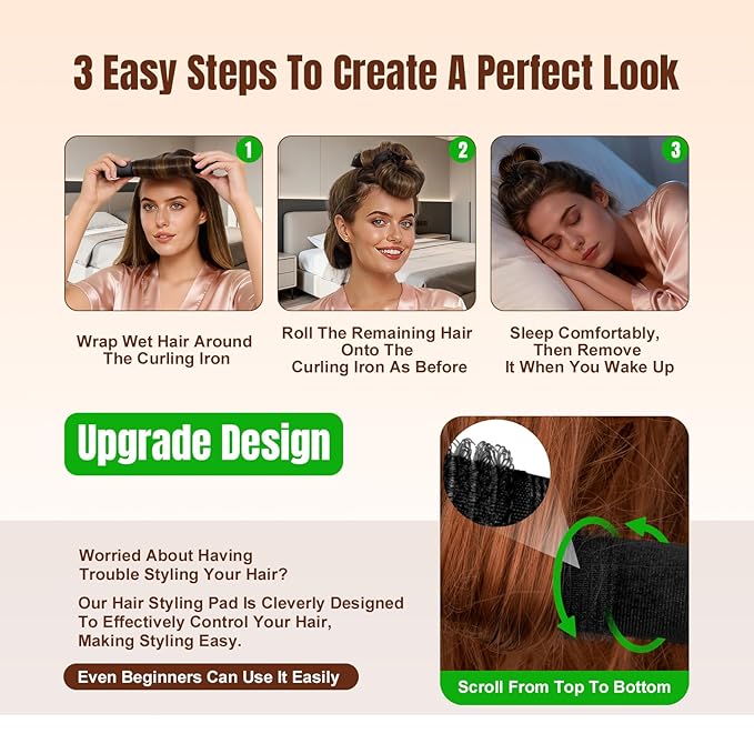 Overnight Heatless Hair Curler Satin Jumbo Flexi Overnight Curls Blowout Rods 3pcs No-Heat Styling Tools Curling Rod To Sleep In for All Hair Types - Black