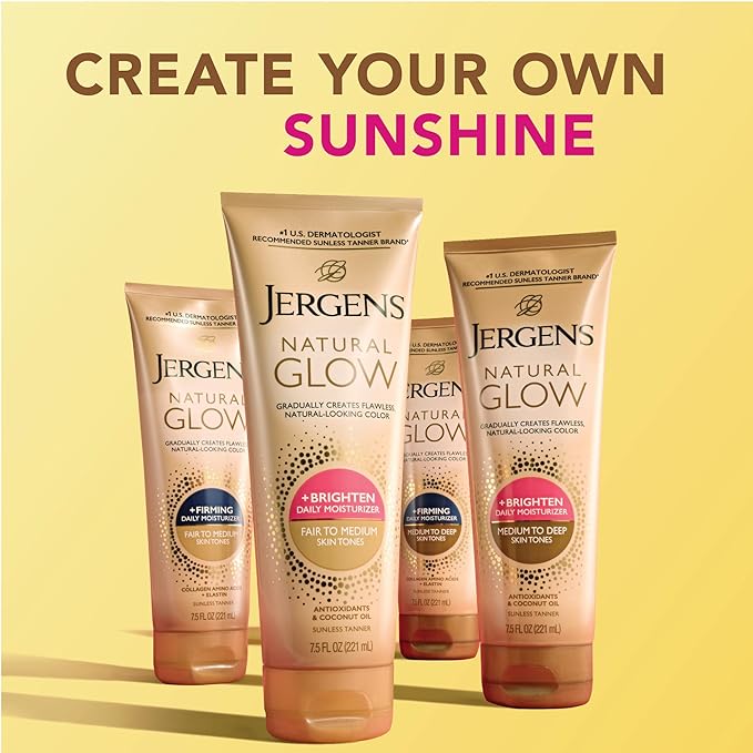 Jergens Natural Glow +Firming Self Tanner Body Lotion, Fair to Medium Skin Tone, Sunless Tanning Moisturizer with Collagen and Elastin. Helps to Visibly Reduce Cellulite, 7.5 Fl Oz (Pack of 4)