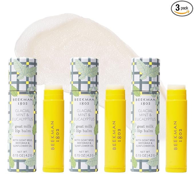 Beekman 1802 Goat Milk Lip Balm – Moisturizing Lip Balm for Dry, Chapped Lips – Sensitive Skin Safe – Glacial Mint & Eucalyptus – 0.15 oz (Pack of 3)