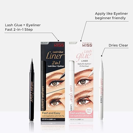 KISS Lash GLUEliner, 2-in-1 Felt-Tip Eyelash Adhesive and Eyeliner, Matte Finish, Foolproof Application, Easy Touch-Up, 0.03 Fl Oz.- Black, Packaging May Vary
