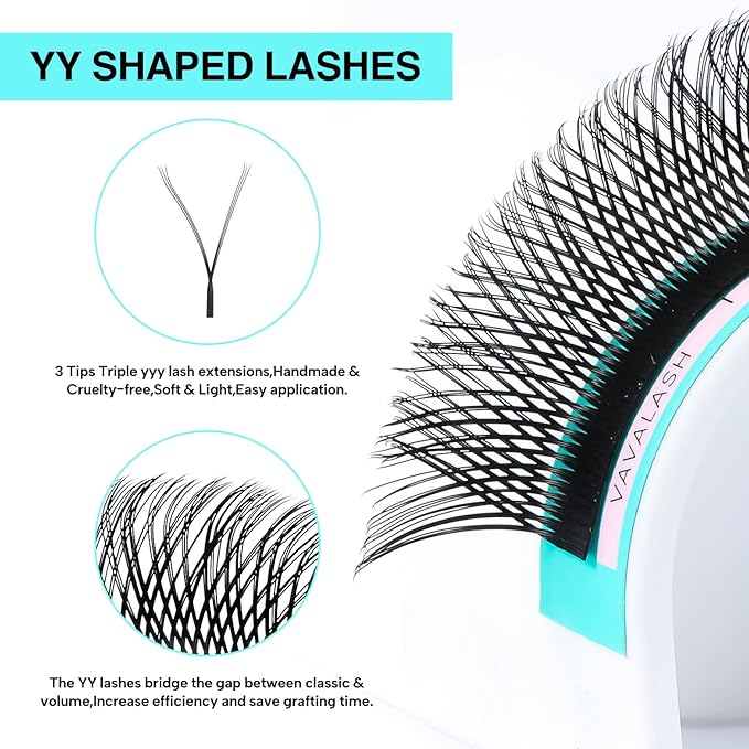 VAVALASH 3 Tips Triple YYY Lash Extensions D Curl 0.07mm Tray Easy Premade Volume 2D Fans Eyelash Extension YY Type Natural Volume Lashes Extension Soft Matte Black Lashes (YYY-0.07-D-8-15mm)