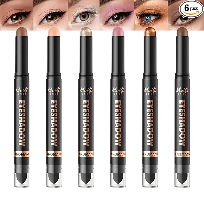 LANGMANNI 6Colors Dual-Ended Cream Eyeshadow Stick Set – Silky Smooth, Waterproof & Transfer-Proof, Built-in Blender Brush, All-Day Matte & Shimmer Wear Eye Makeup(#3+5+7+9+11+14)