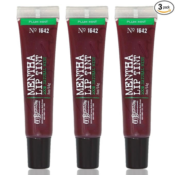 C.O. Bigelow Plum Mentha Lip Tint Trio, Pack of 3 Purple Tinted Lip Gloss with Peppermint Oil, High Gloss Shine Finish, 0.5 oz