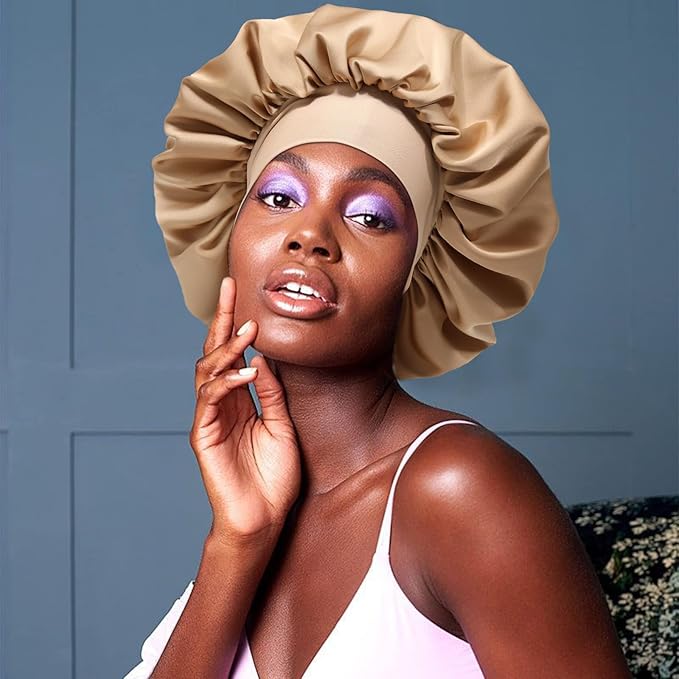 Reversible Satin Bonnet for Women with 3PCS Hair Scrunchies Tie Band Hair Bonnet - Large 2 Layered Silk Sleep Cap - Nightcap for Sleeping (Reversible Coffee/Champagne)