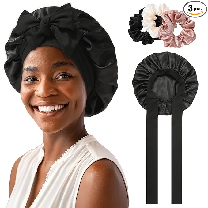 Satin Bonnet for Women Tid Band Hair Bonnet for Sleeping Large 2 Layered Silk Sleeping Cap Nightcap for Sleeping with 3PCS Hair Scrunchies (Black(Bonus3 hair scrunchies))