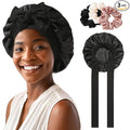 Satin Bonnet for Women Tid Band Hair Bonnet for Sleeping Large 2 Layered Silk Sleeping Cap Nightcap for Sleeping with 3PCS Hair Scrunchies (Black(Bonus3 hair scrunchies))