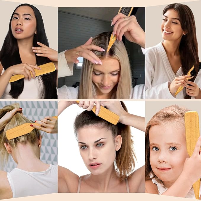 Boar Bristle Slick Back Hair Brush for Sleek Ponytail Bun & Smoothing Baby Hairs & Flyaways - Soft Boar Brush Hair Comb for Women & Men - Teasing Hairbrush with Wide Rat Tail for Sectioning & Parting