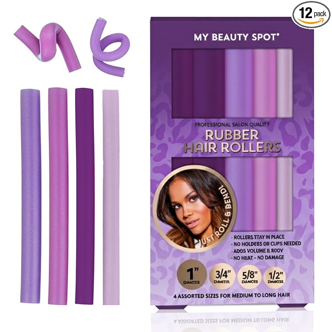 My Beauty Spot Flexi Rods Foam Hair Rollers 3/4" 5/8" and 1" Diameter Professional Salon Quality 12 Pcs Rubber Hair Rollers for Long, Medium and Short Hair (Purple)