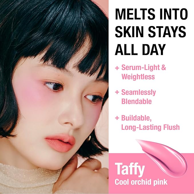 DEAR DAHLIA Petal Drop Liquid Blush (Taffy) - Natural Dewy Glow Serum Blush, Buildable & Blendable, Sheer Watercolor Finish, Vegan Korean Makeup for Cheeks, 0.14 oz