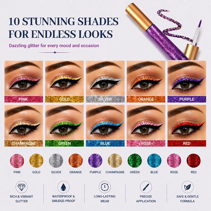 10 Colors Liquid Glitter Eyeliner Metallic Shimmer Glitter Eyeshadow Pigment Eyebrown Shimmer Waterproof Face Lips Art for Party Festival Makeup