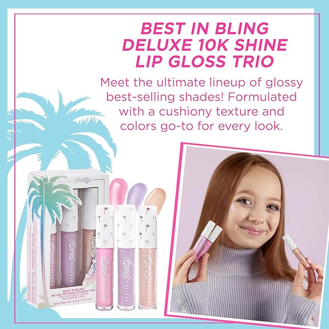 Petite 'N Pretty Best in Bling Lip Gloss Set – 10K Shine Trio for Kids, Tweens & Teens – Non-Toxic, High-Shine, Gift-Ready Makeup Set