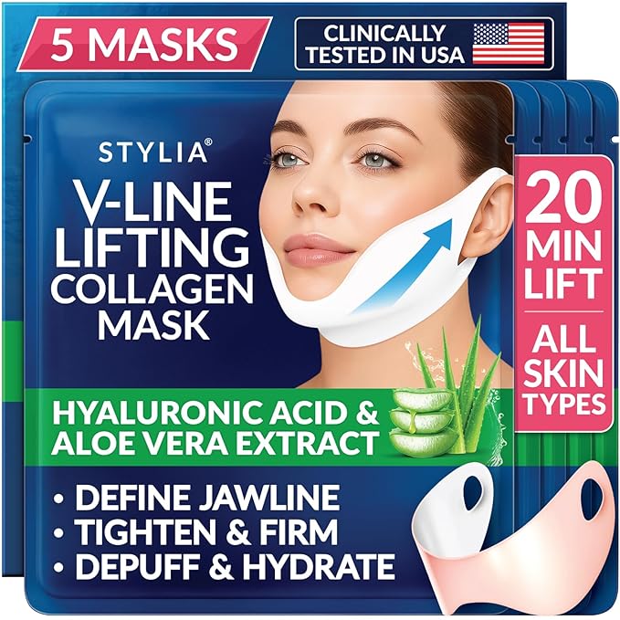 Stylia V Line Lifting Collagen Mask - Lift, Firm & Contour Jawline - Tightening Double Chin Strap with Hyaluronic Acid & Aloe - Neck Tightening and Lifting Mask - Jawline Shaper Face Lift Tape (5PC)