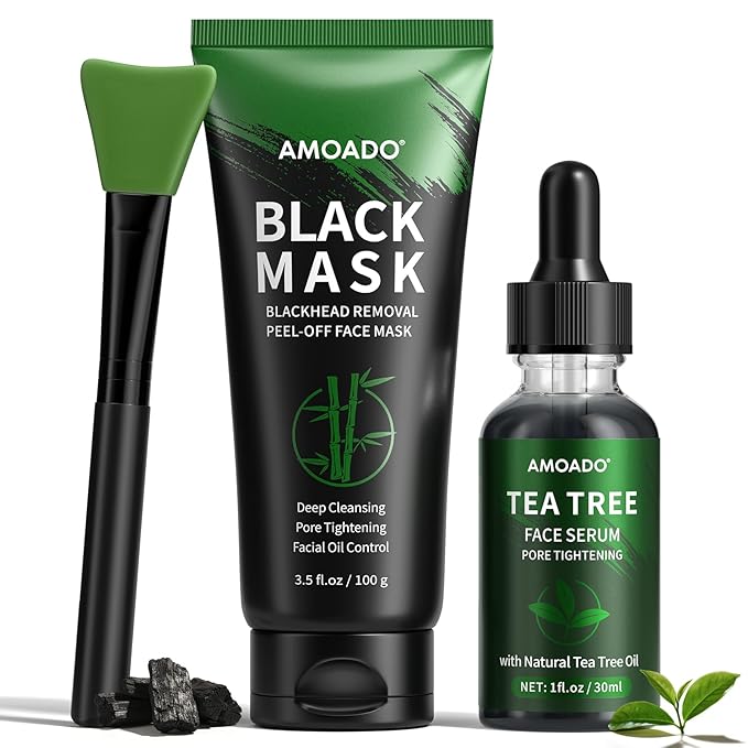 AMOADO Blackhead Remover Peel Off Face Mask, Black Mask & Tea Tree Oil Serum Duo Set, 2-in-1 Deep Cleansing and Pore Tightening, Charcoal Face Mask Peel Off Blackheads Removal