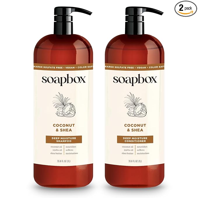 Soapbox Shampoo and Conditioner Set with Coconut Oil, Jojoba Oil, Aloe and Shea Butter to Moisturize and Nourish for All Hair Types, 1 Liter Each (Pack of 2)