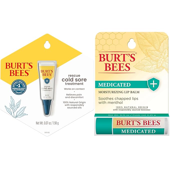 Burt's Bees Cold Sore Treatment and Medicated Lip Balm, With Menthol and Eucalyptus Oil, Natural Origin Skincare, 2 Tubes, 0.07 oz./0.15 oz.