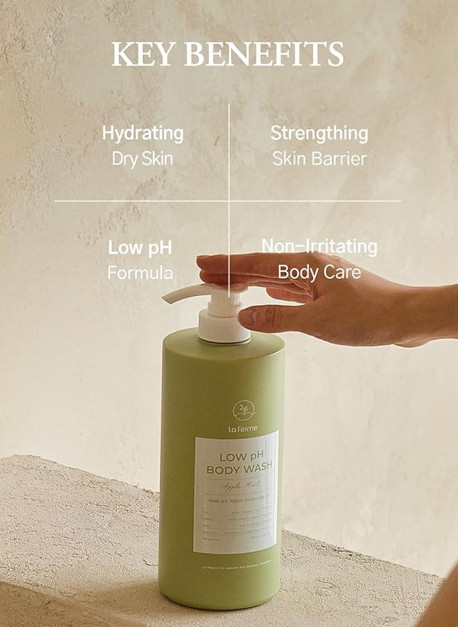 laferme Low pH balanced Gentle Korean Body Wash with Natural & Organic Ingredients, Hypoallergenic for Sensitive Skin, Moisturizing & Hydrating for Dry Skin, For Women & Men, 33 Fl Oz, Apple Mint