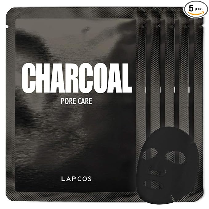 LAPCOS Charcoal Sheet Mask - Pore Refining & Gently Exfoliating Face Masks with Salicylic Acid and Tea Tree Oil to Purify & Tighten Skin - Highly Breathable Sheet - Korean Skin Care (Pack of 5)