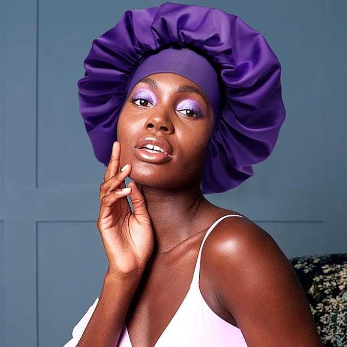 AWAYTR Purple Satin Bonnet with 3 Hair Scrunchies for Women - Large, 2-Layered Silk Sleeping Cap for Sleeping, Hair Care