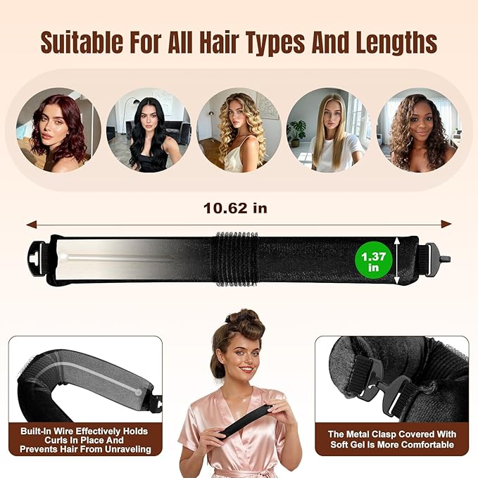 Overnight Heatless Hair Curler Satin Jumbo Flexi Overnight Curls Blowout Rods 3pcs No-Heat Styling Tools Curling Rod To Sleep In for All Hair Types - Black