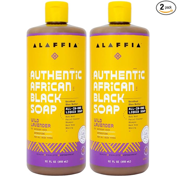 Alaffia Authentic African Black Soap, Wild Lavender, 2-Pack – All-in-One Moisturizing Cleanser for Face, Hands, Body & Hair, 32 Oz Ea