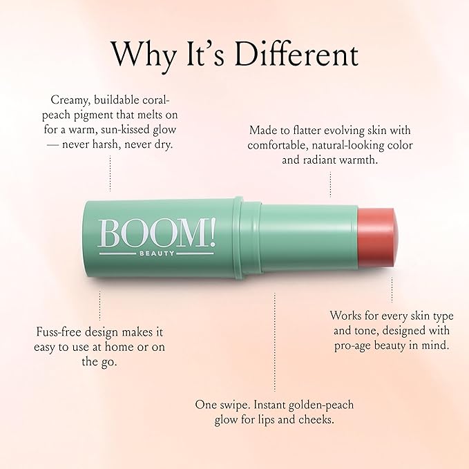 Boomstick Gloden Peach® - Warm, Coral-Peach Blush Stick and Lipstick - Multistick, Vegan, Makeup for Older Women and Mature Skin Boom Stick By Cindy Joseph
