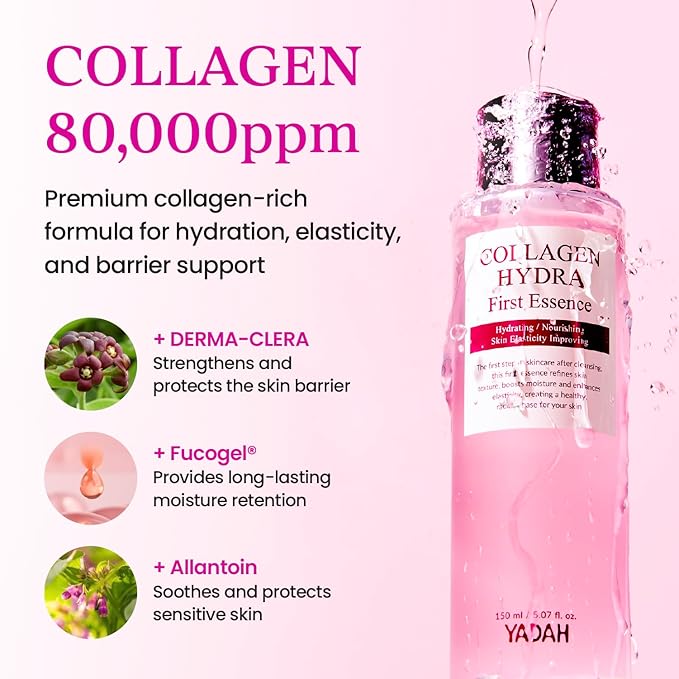 YADAH Collagen Hydra First Toner Essence – Deep Hydration, Soothing with 80,000ppm Collagen Peptides and Triple Hyaluronic Acid, Centella Asiatica Extract, Niacinamide – 5.07 fl oz. Korean Skincare