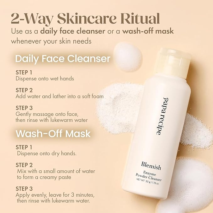 Papa Recipe Blemish Enzyme Cleansing Powder (1.7oz/50g) – Papain & Rice Powder-to-Foam Face Wash, Skin Radiance & Sebum Care, Gentle Exfoliation, Smoother Texture & Clearer Pores, Korean Skin Care
