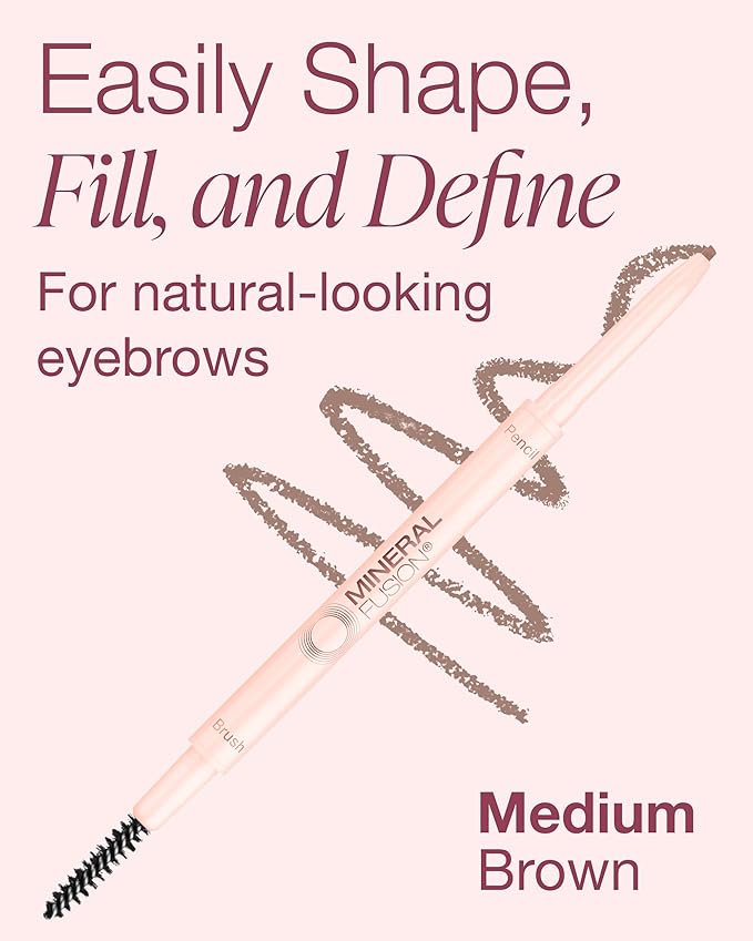 Mineral Fusion Retractable Brow Pencil (Medium Brown) - TZR 2025 Beauty Heroes Award Winner - Shape & Define Eyebrow with Blending Spoolie Brush - Velvety Smooth, Long-Lasting Color - Vegan Formula