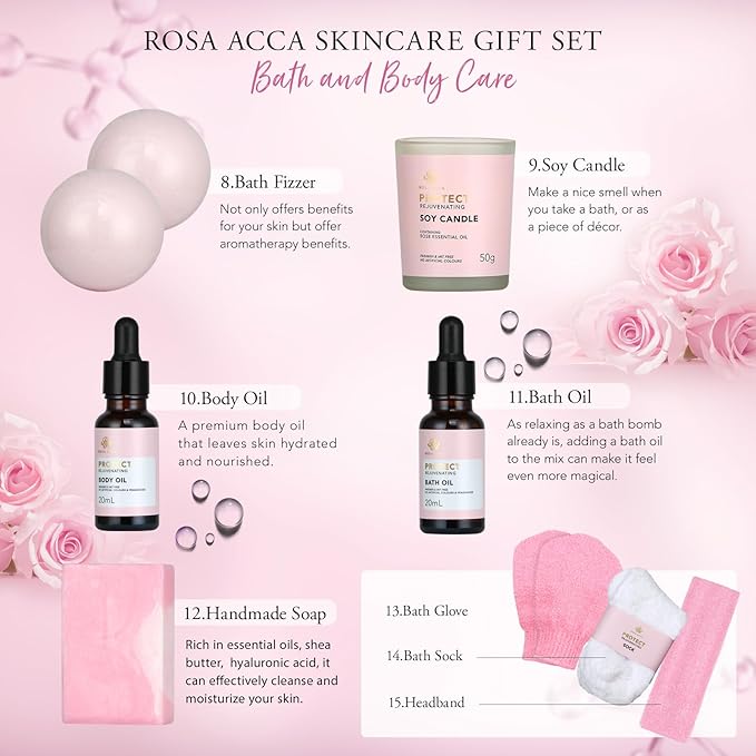 30pcs Mothers Day Gift, Rose Facial Skin Care Set for Women, Gifts for Women, Spa Gifts Basket Set, Face Cream, Serum, Shower Accessories, Bath and Body & Facial Kit, Birthday, Christmas, Valentine's