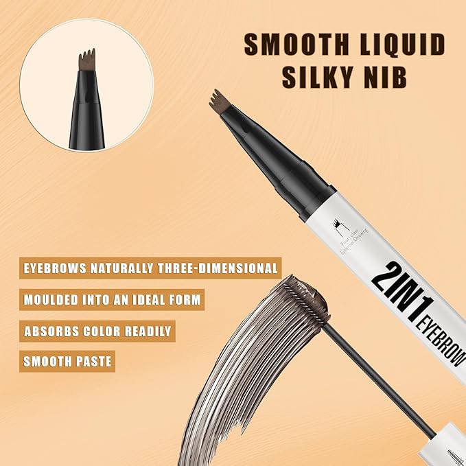2-in-1 Eyebrow Pencil & Tinted Brow Gel - Dual-Ended Microblading Pen with 4-Fork Tip, Waterproof, Smudge-Proof for Natural Hair-Like Brows, Long Lasting 24H (Dark Brown)