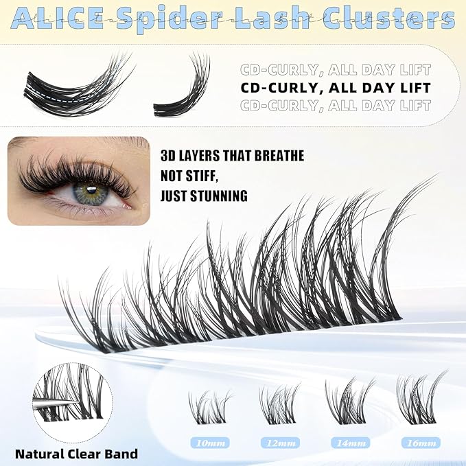 ALICE Spider Lash Clusters Kit Wispy Volume Cluster Eyelash Extension Kit 3D Natural Eyelash Clusters Kit 10mm-16mm Invisible Band Individual Lashes with White Bond and Seal