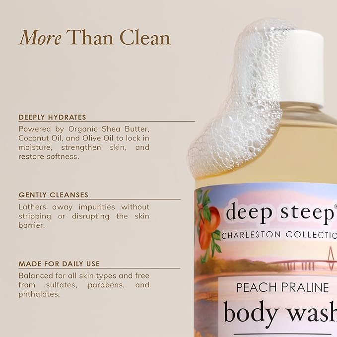 Deep Steep Peach Praline Body Wash, Hydrating Shower Gel with Hyaluronic Acid & Shea Butter for Sensitive Skin, Bodywash for Women & Men, 17 Fl Oz, 1-Pack
