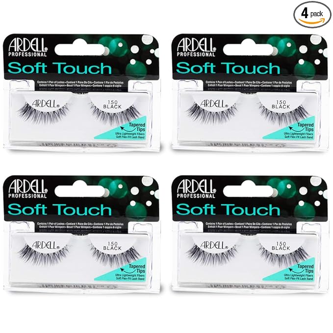 Ardell False Eyelashes Soft Touch 150 - Black, Lightweight Tapered Tips for Natural Look Strip Lashes for Everyday Wear, 4 Pack