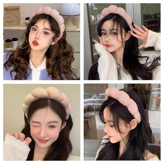 AOENJIE Spa Headbands for Washing Face or Makeup, Sponge Bubble Skincare Headbands, Puffy Terry Cloth Hairband for Women, Skin Care Makeup Headwear Hair Accessories for Girls(Khaki)